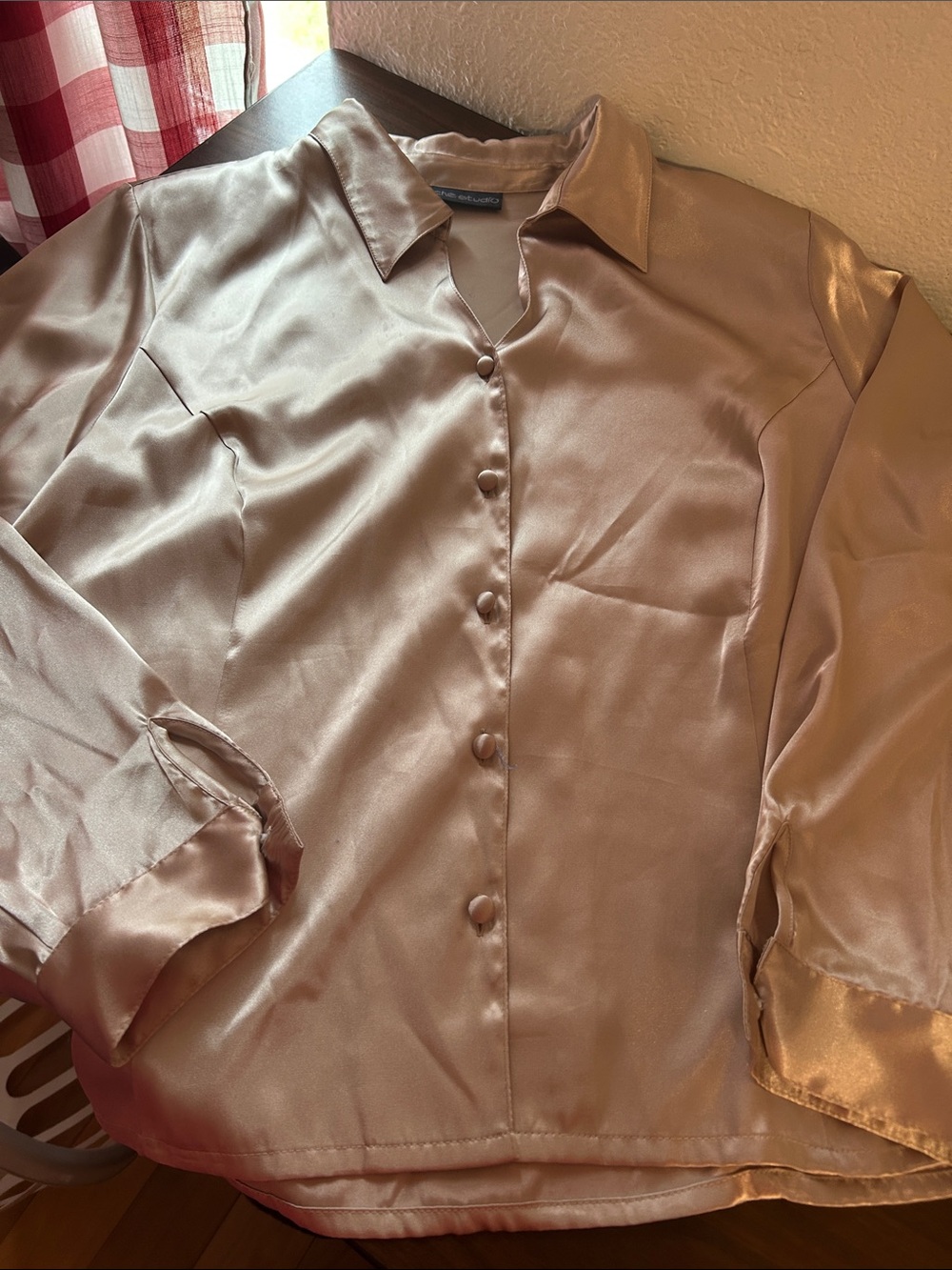 Che  Studio Satin Button-Front Blouse in Champagne w/covered buttons